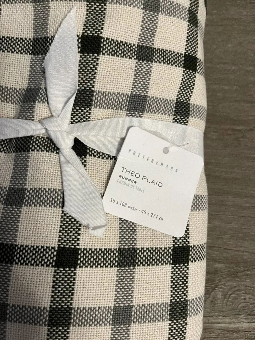 Pottery Barn Theo Plaid Green & Ivory Table Runner 18 x 108